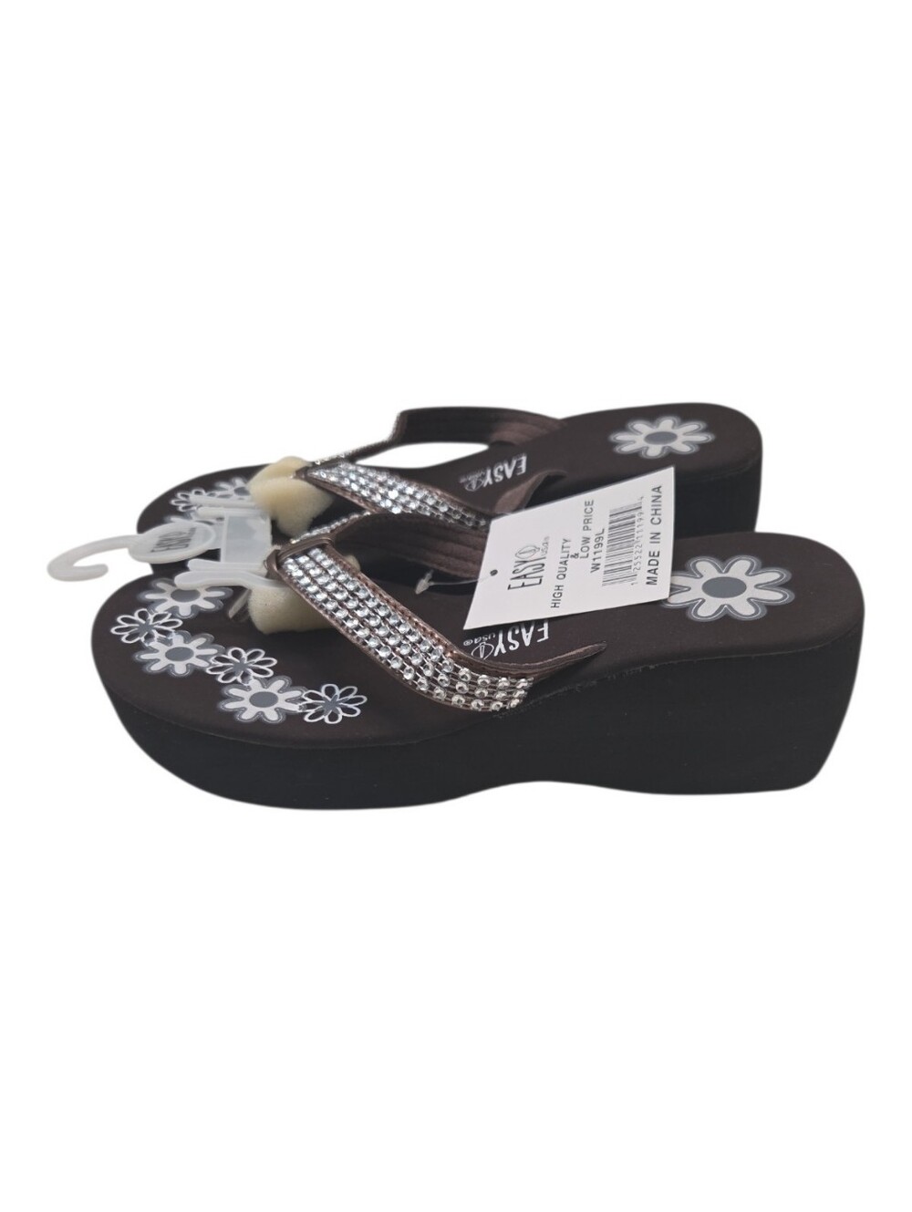 NWT Easy USA Women's Brown Rhinestone Wedge Flip Flops Size 6